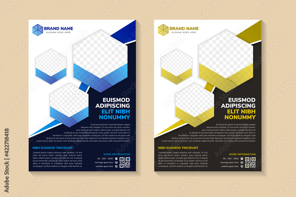 Poster blue and yellow gradient flyer template design for business with hexagon shape for photo space.  Multipurpose cover use vertical layout. dark and white background.