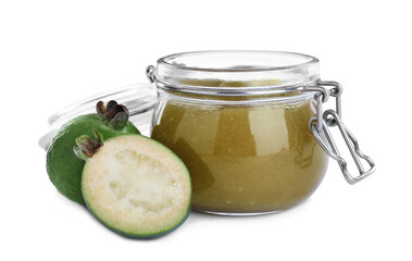 Feijoa jam in glass jar and fruits on white background