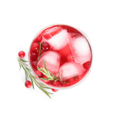 Tasty refreshing cranberry cocktail with rosemary isolated on white, top view