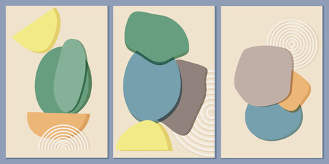 Set of modern templates with abstract composition of simple shapes. Trending collage style, minimalism. Pastel earthy colors. Vector banners for postcards, posters and social media covers