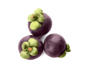 Delicious ripe mangosteen fruits on white background, top view