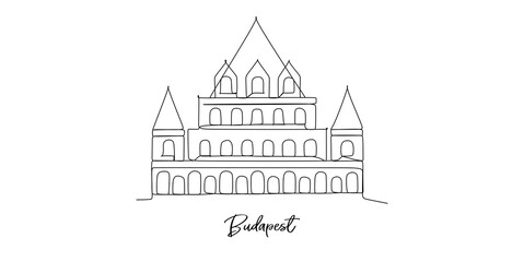 Budapest Vajdahunyad Castle viewed from its lakeside with two pretty young girls in a rowboat - continuous one line drawing 