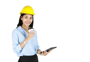 Cute young and beautiful Asian female engineer wearing yellow safety hard hat standing and pose with happy and smile face isolated on white background. She bear hands to two sides of body. 