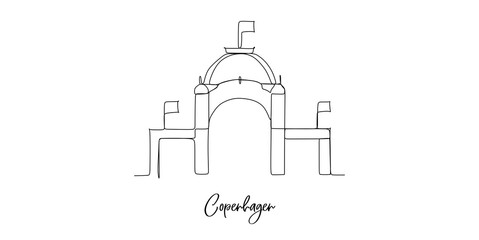 Vector - Copenhagen. Simple flat concept one line drawing. Cityscape with landmarks - continuous one line drawing 