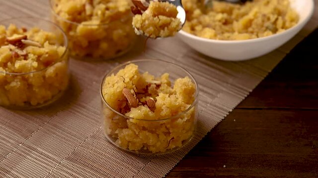 Moong Dal Halwa or Mung Daal Halva is an Indian traditional dessert, served in a bowl