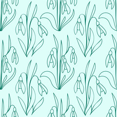 Blooming snowdrops. Cute green spring flowers. Hand-drawn Seamless vector pattern. Doodle style.
