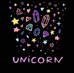 Unicorn. Text message. Funny doodle poster. Set collection. Amazing crystal, star, flower, gem, heart, sparkle isolated. Hand drawn artwork. Black, blue, pink, yellow neon colors. Happiness concept