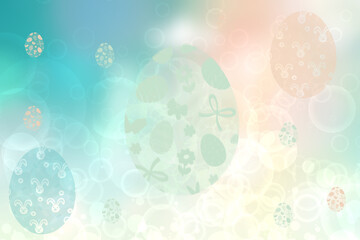 Happy easter card template. Abstract light green pink blue pastel spring background texture with various colorful eggs of different size. Copy space. Beautiful backdrop for design.