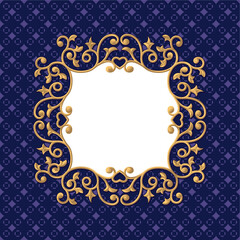 golden floral frame on blue square pattern background