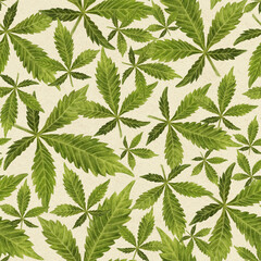 Watercolor seamless pattern cannabis leaves on a craft paper background.