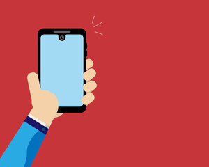 Mobile Phone or Smartphone with blank Light Blue display in Men's Hand on Red Background with copy Space for Presentation, Template,Design,Banner.
Vector Illustration.