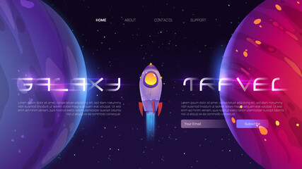 Galaxy travel banner with spaceship and planets