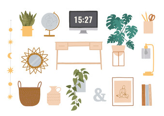 Home office concept. Vector set. Illustrations in flat cartoon style isolated on white background