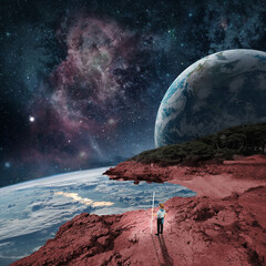 Modern design. Contemporary art collage. Concept of cosmos, outer space, imagination, inspiration