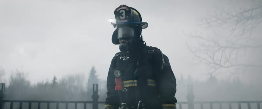 DOLLY IN Hero shot portrait of American male firefighter in full gear standing in the smoke, looking into camera. Shot with 2x anamorphic lens 100 FPS slow motion