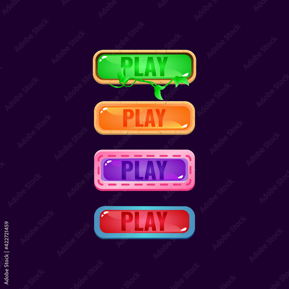 Poster set of game ui colorful jelly button with fantasy border for gui asset elements vector illustration