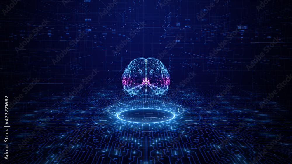 Poster artificial intelligence concept. brain over a circuit board. hud and technology connection data anal