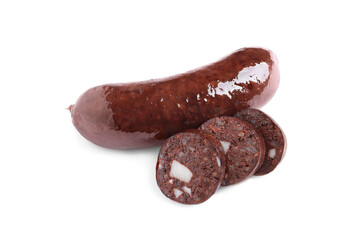 Cut and whole tasty blood sausages on white background
