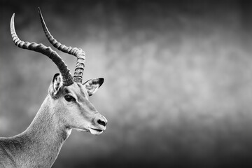 Male impala facial portrait in black and white with text space. Aepyceros melampus - 422722609