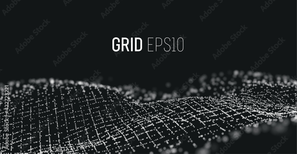 Poster 3d particles grid. sound wave vector background