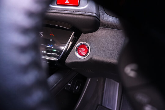 Close up engine car start button. Start stop engine modern new car button,Makes it easy to turn your auto mobile on and off. a key fob unique ,selective focus