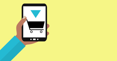 Gelber Banner - Person of Color hält Smartphone: Online Kaufen oder Bestellen