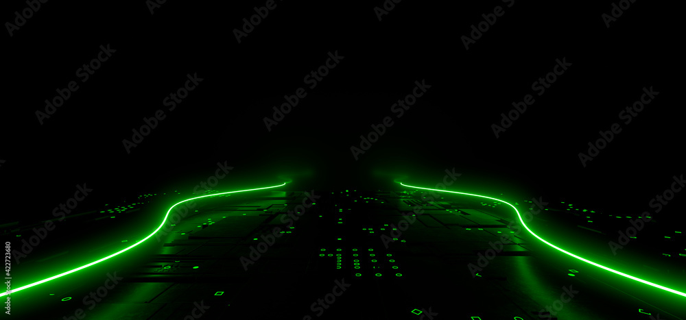 Poster sci fy neon lamps in a dark tunnel. reflections on the floor and walls. 3d rendering image.