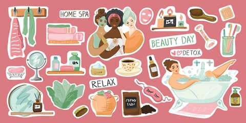 Set of elements of home spa, beauty, relaxation, beauty treatments isolated on the green. Stickers collection of girls in dressing gowns, masks, soap, cosmetics, shampoos. Cute vector illustration.