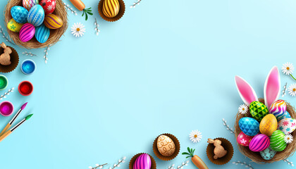 Easter poster background template with Easter eggs in the nest and Rabbit ears on bule background.Greetings and presents for Easter Day in flat lay styling.Promotion and shopping template for Easter