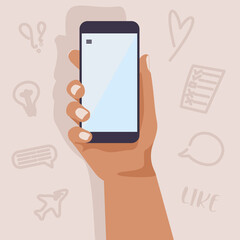 Hand with a smartphone. The concept of social media communication. Vector illustration in flat style
