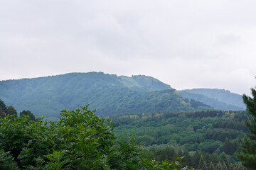 Beautiful landscape with forests in foothills under cloudy sky.