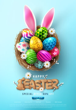 Easter Poster And Flyer Template with Easter eggs in the nest and Rabbit ears on bule background.Greetings and presents for Easter Day in flat lay styling.Promotion and shopping template for Easter