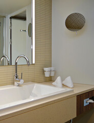 Modern design interiors inside bathroom with double vanity sink, glas shower, mirror, towels,...