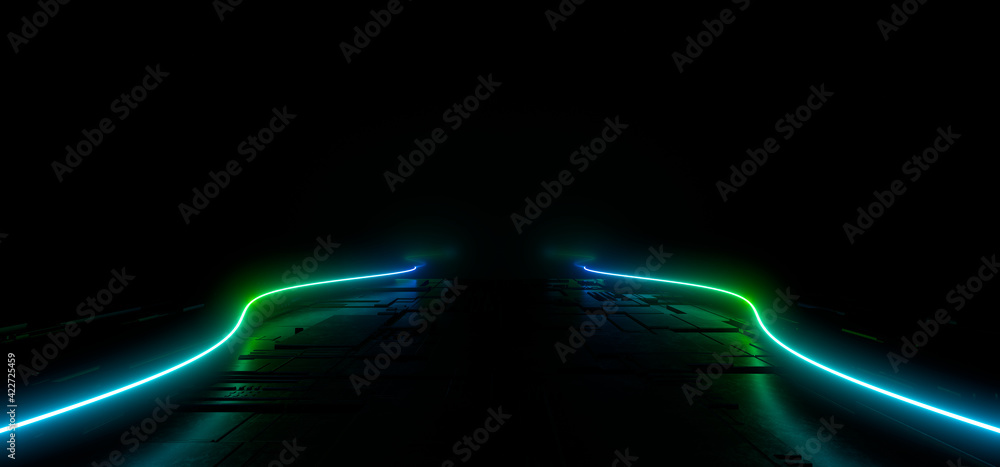 Poster sci fy neon lamps in a dark tunnel. reflections on the floor and walls. 3d rendering image.