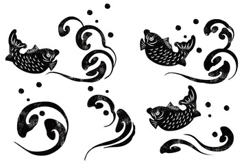 水墨画風の津波と鯛のベクターイラスト素材セット - obrazy, fototapety, plakaty