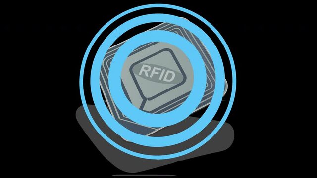 Animation loop of an RFID chip emitting waves on black background with shadow and alpha channel
