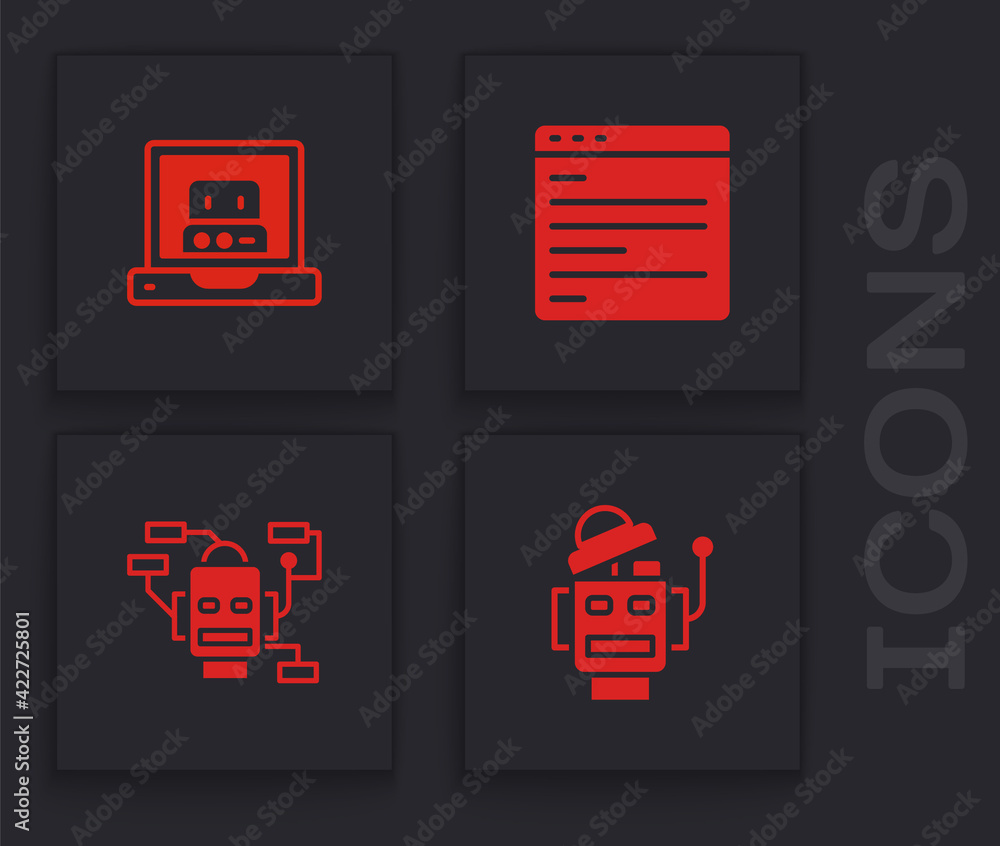 Poster set robot, creating robot, computer api interface and icon. vector