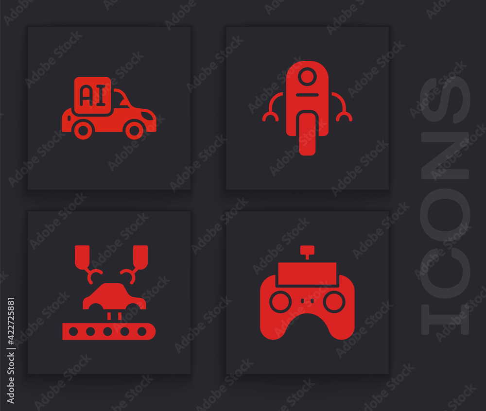 Poster set remote control, autonomous smart car, robot and robotic robot arm factory icon. vector