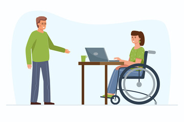 A disabled woman in a wheelchair works in an office behind a laptop. Interaction and communication with a colleague.