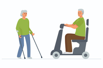An elderly woman on crutches and a gray-haired disabled man in an electric wheelchair. Visiting relatives, meeting, walking, and socializing.