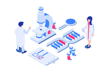 3d set of laboratory elements with doctors or scientists. Microscope, ampoules, magnifier, tablet, DNA. Vector illustration in modern isometric style. Isolated on white background