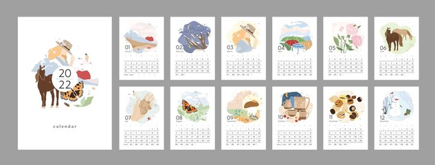 Wall vertical calendar for 2022, the week starts on Sunday. Template A4 calendar set of month with abstract girls, nature, landscapes, animals. Contemporary portraits posters. Vector illustration