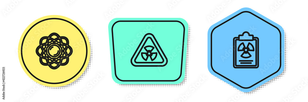 Poster set line atom, triangle with radiation and radiation warning document. colored shapes. vector