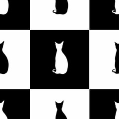 Vector seamless black and white pattern. Chess cage and silhouette of a cat. Design for printing on paper, wallpaper, textiles, packaging.