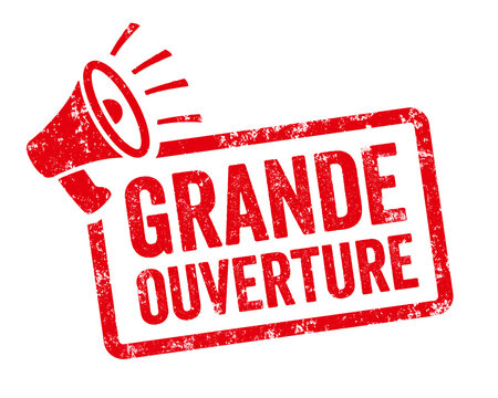 Red stamp with megaphone  - Grand opening in french - Grande ouverture