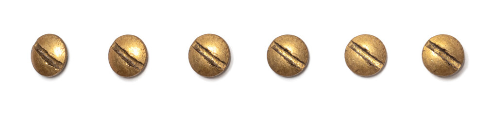 Brass round head screw from different perspectives on a white background
