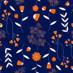 Beautiful flowers scattered randomly on dark blue background seamless vector pattern design. Textile, fabric, and card print