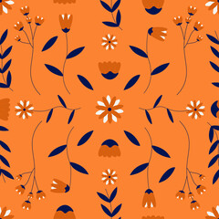 Beautiful flowers scattered randomly on orange background seamless vector pattern design. Textile, fabric, and card for fashion print