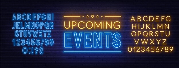 Upcoming Events neon sign on brick wall background.
