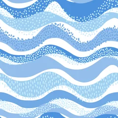 Behang Zee Golvend zee oceaan naadloos patroon in moderne stijl. Horizontale krullende golven, minimale polka dot doodle.